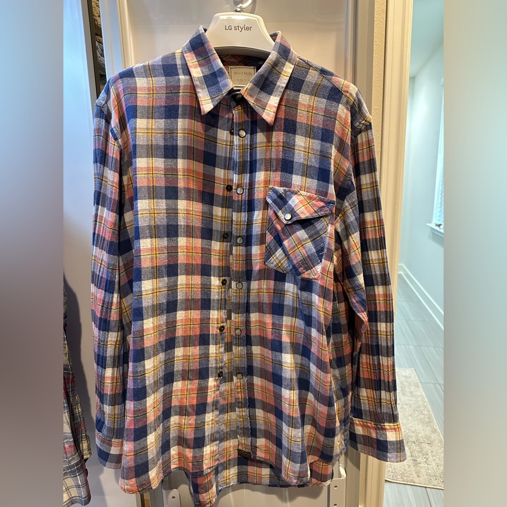 Billy Reid Multicolor Plaid Button Down Flannel Shirt with Pearl Snaps
